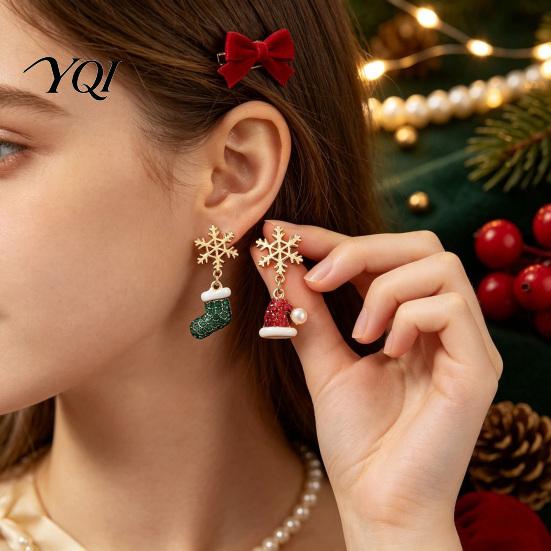 Dazzling Rhinestone Holiday Drops 1 Pair Christmas Earrings, Sparkling Snowflake Red Santa Hat Green Stocking Dangle Asymmetric Jewelry Gift for Women