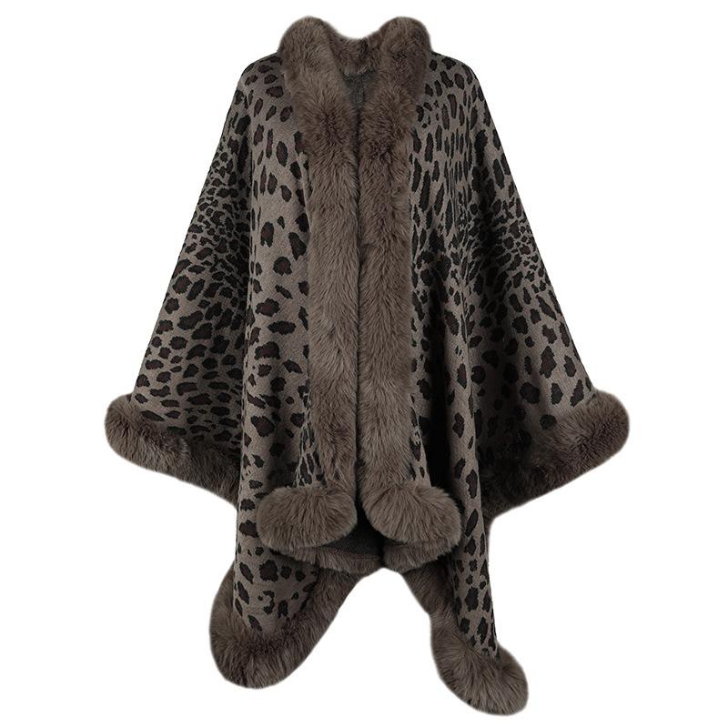Women Autumn Winter Fur Collar Leopard Pattern Shawl Cardigan Fashion Vintage Batwing Sleeve Thick Warm Cape Coat