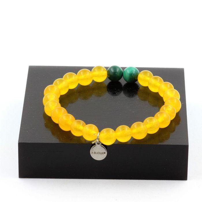 Pierres et Minéraux. Bracelet Perles Malachite du Congo + Agate jaune 8 mm. Fabriqué en France.