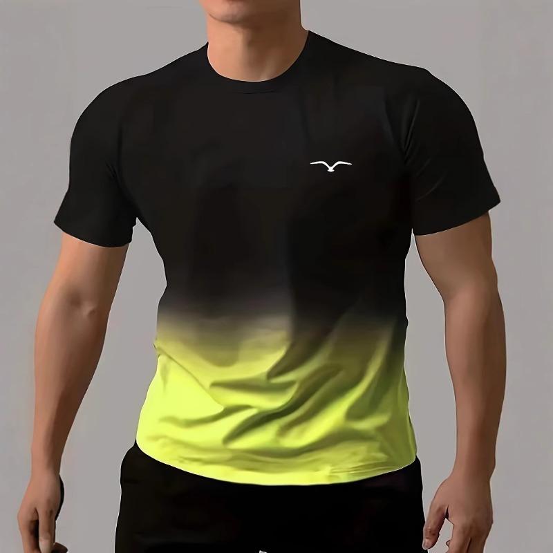 Men's Summer Leisure Fashionable Comfortable 3D Gradient Color Printed T-shirt- Soft Medium Stretch Polyester Fabric Summer Mens Relaxed Fit Clothing