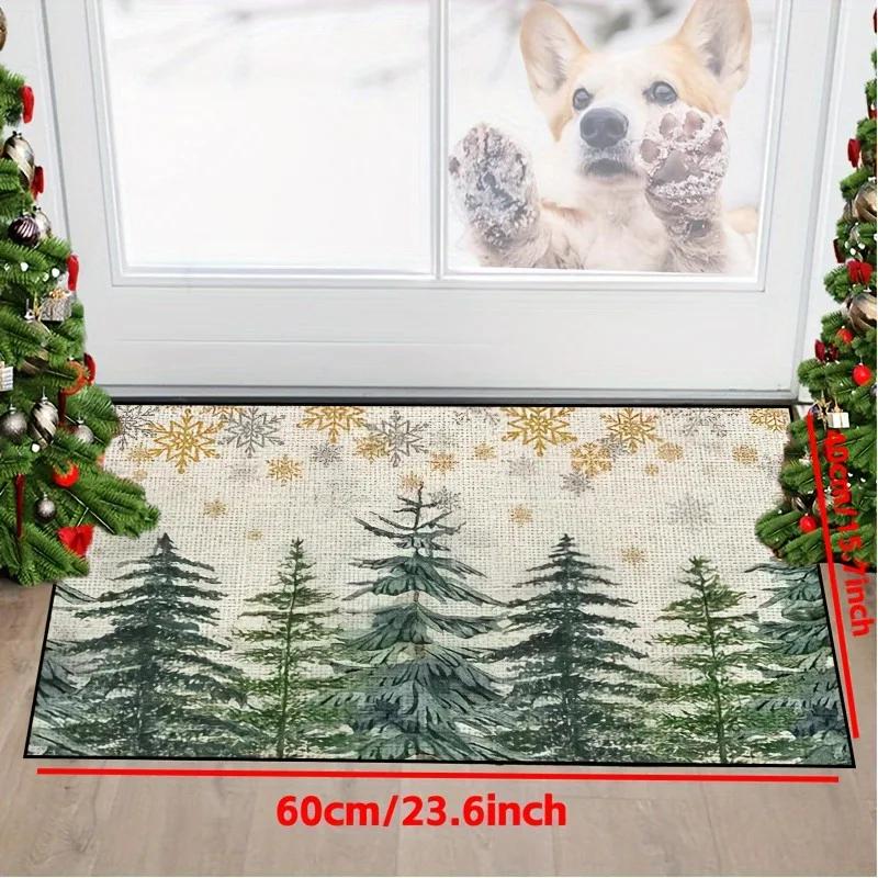 Christmas Entry Mat Winter Pine Forest Golden Snowflake Print Durable Rug For Front Door Hallway Bedroom Home Decor