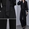 2 шт./комплект OL Commuting Outfit рубашка брюки комплект чистый цвет V-образный вырез длинный рукав блузка высокая талия широкие брюки деловая офисная одежда