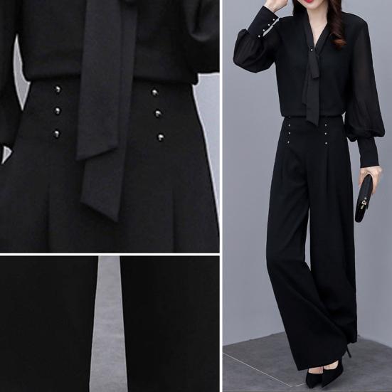 2 шт./комплект OL Commuting Outfit рубашка брюки комплект чистый цвет V-образный вырез длинный рукав блузка высокая талия широкие брюки деловая офисная одежда