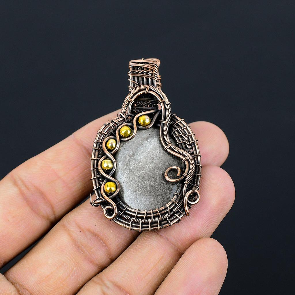 Серебряный блеск обсидиана драгоценный камень чистая медная проволока обернутая ювелирные изделия ручной работы кулон для подарка