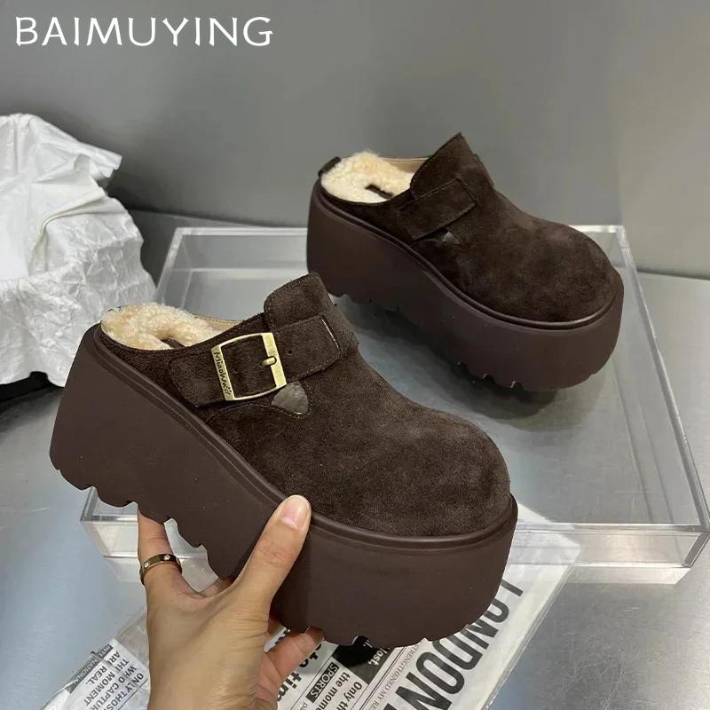 Платформа Высокий каблук Тапочки Женские замшевые туфли-мюли Женские 2025 Тренд Зима Новые Теплые Повседневные Модные Снежные Ботинки Mujer Zapatos