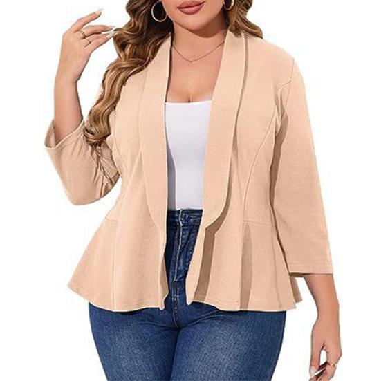 Plus Size Women Suit Coat Lapel Long Sleeve Ruffle Hem Open Front Suit Jacket Solid Color Versatile Business Outerwear