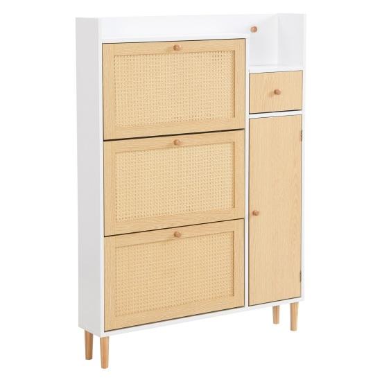 Shoe Rack Free Standing Cabinet with 3 Tilt Doors 1 Drawer Wood Handles Storage Solid Legs Space Saving No Burrs Small Closed Style Organizer
