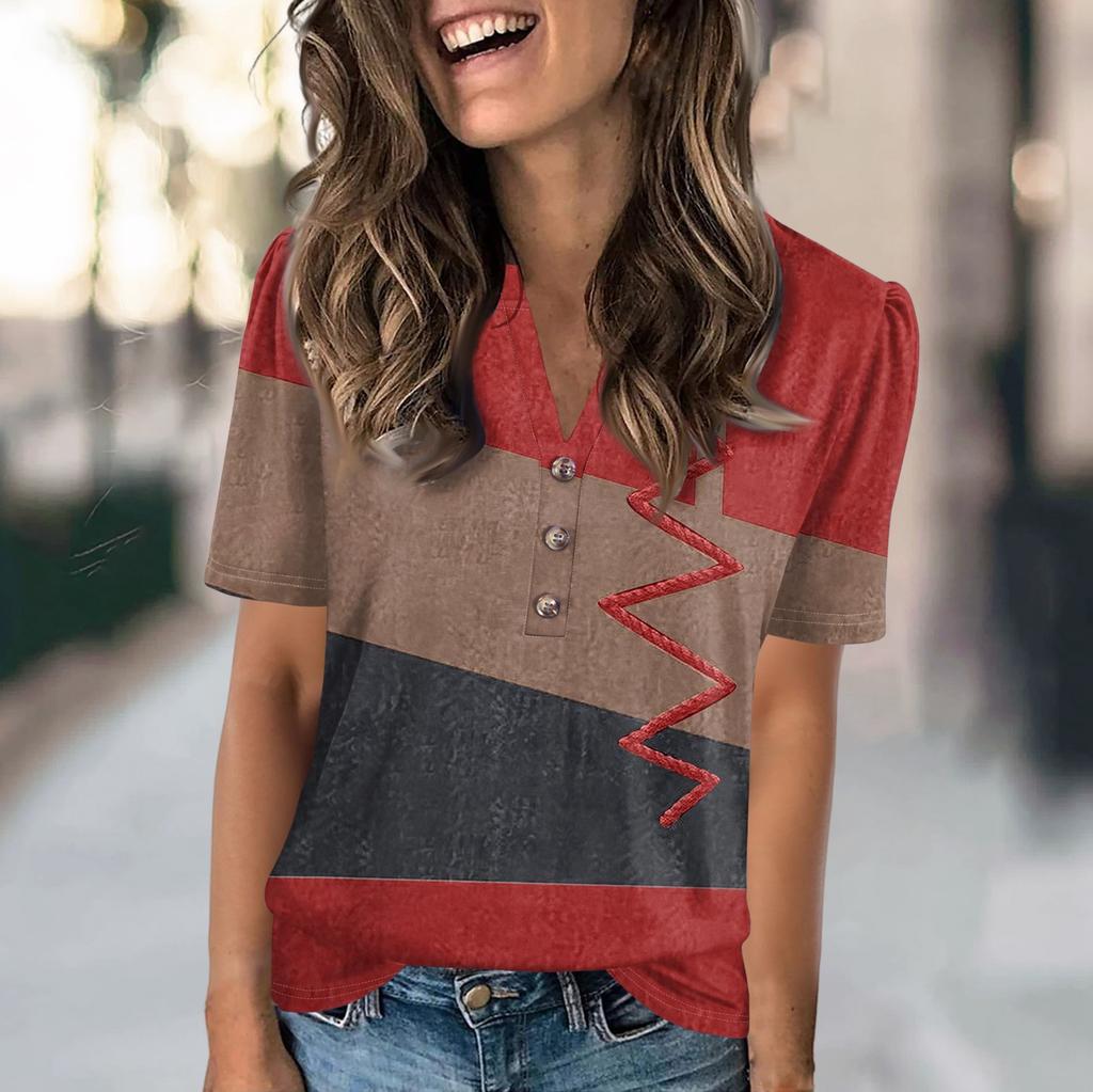 Женская модная повседневная футболка с цветными блоками и принтом в виде V-образного выреза с коротким рукавом и пуговицами