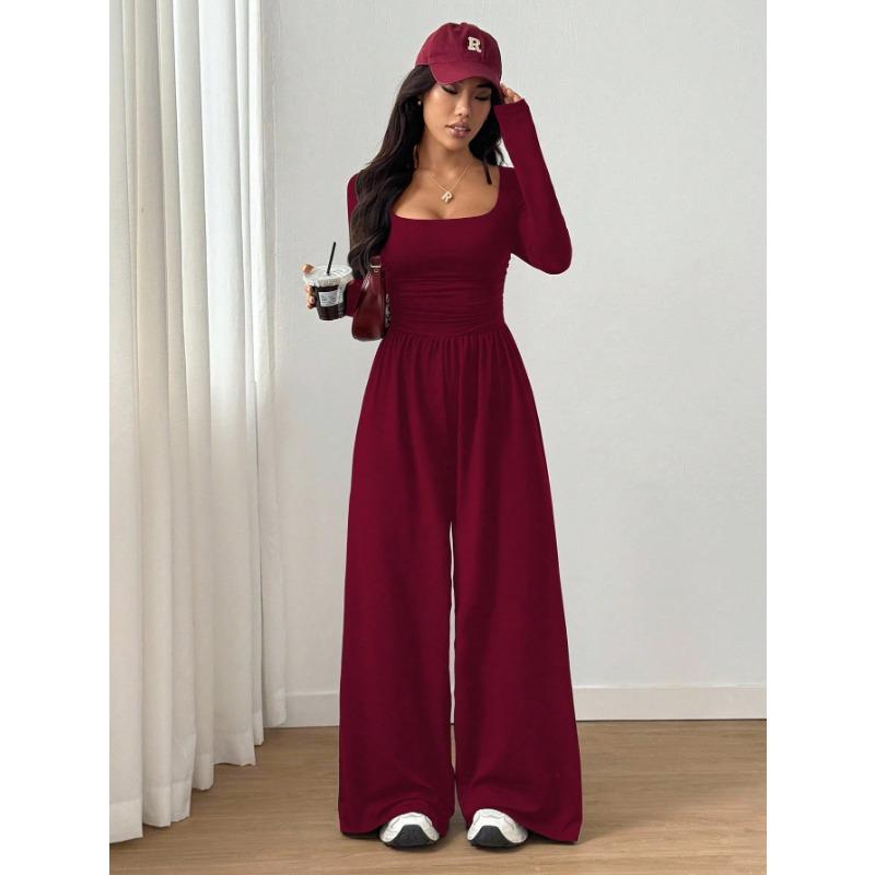 Long Sleeve Square Neck Solid Color Wide Leg Casual Jumpsuit