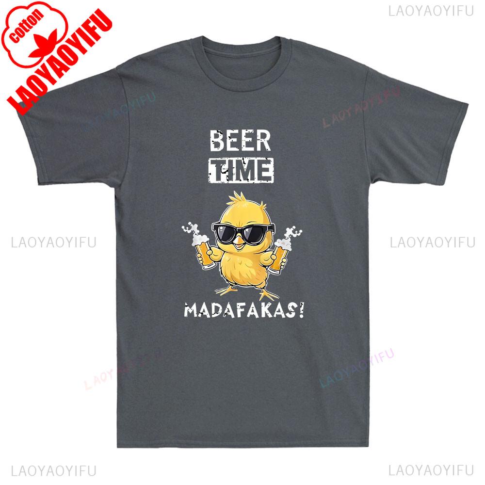 Beer Time Madafakas Funny Glasses Chicken Hold Beer Meme Quote Retro Men TShirt Summer Casual Soft Cotton Pattern Print Tees