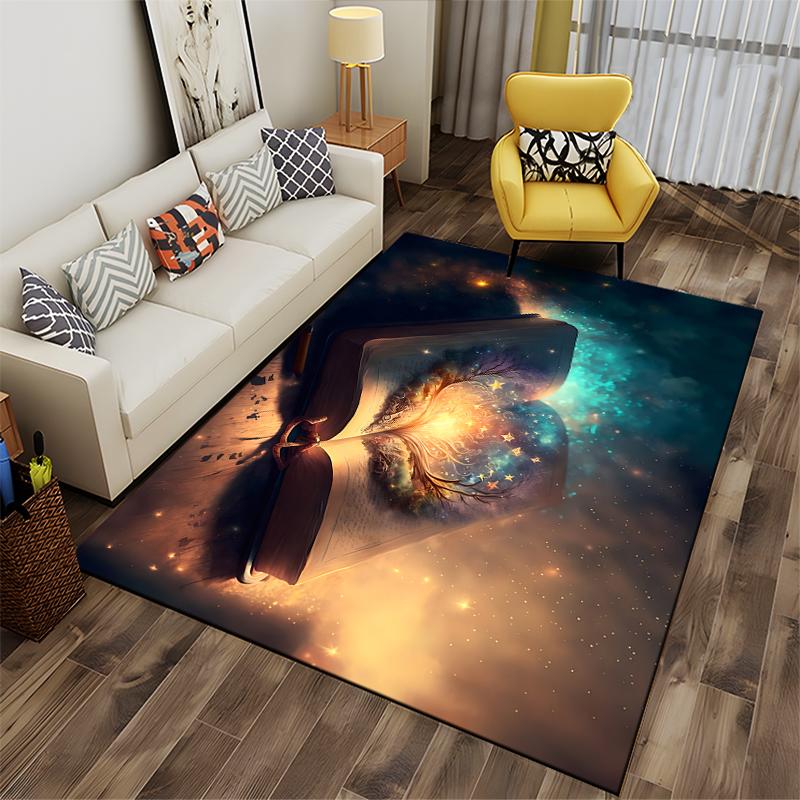 Magic Book with Glowing Tree Design Rug - Non-slip rug suitable for living room and bedroom sofas.