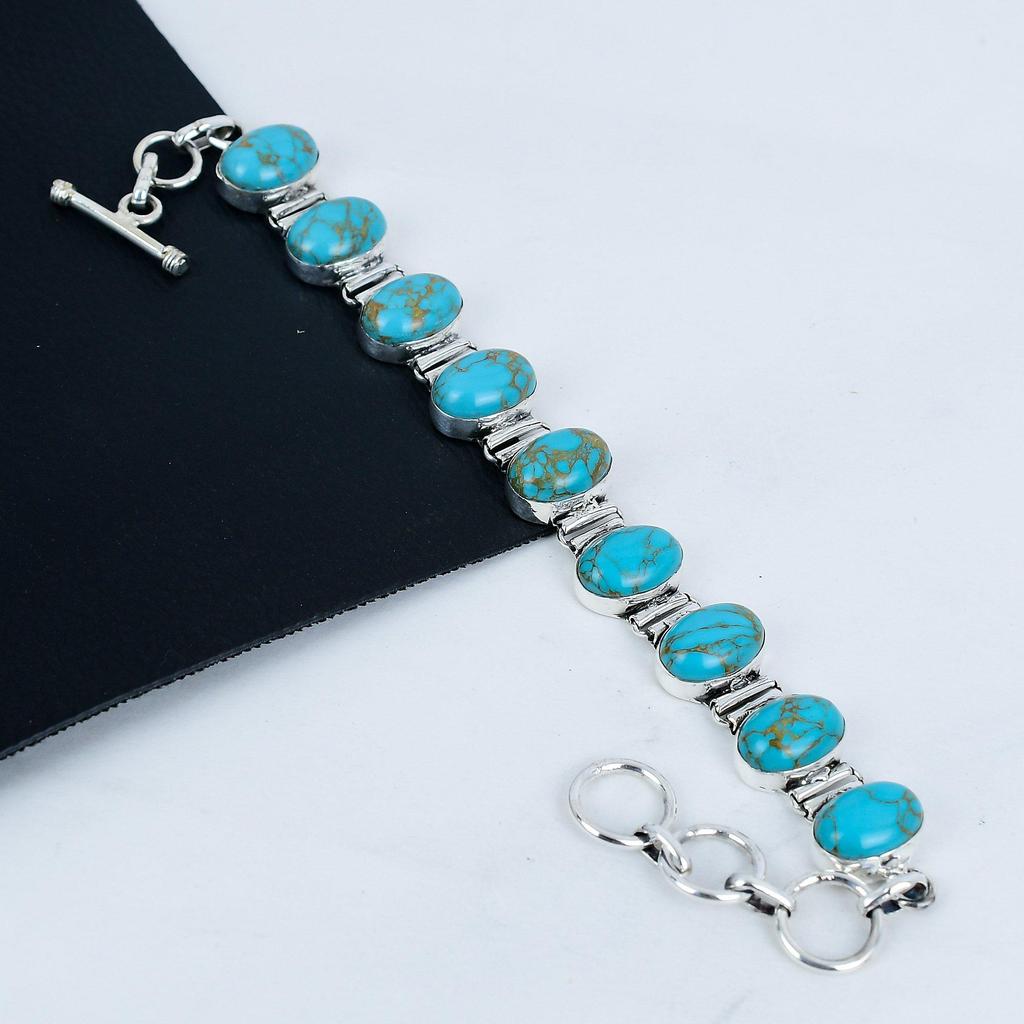 Natural Turquoise Gemstone Handmade 925 Sterling Silver Bracelet, Turquoise Bracelet For Wife , Unisex Bracelet Birthday Gift For Love
