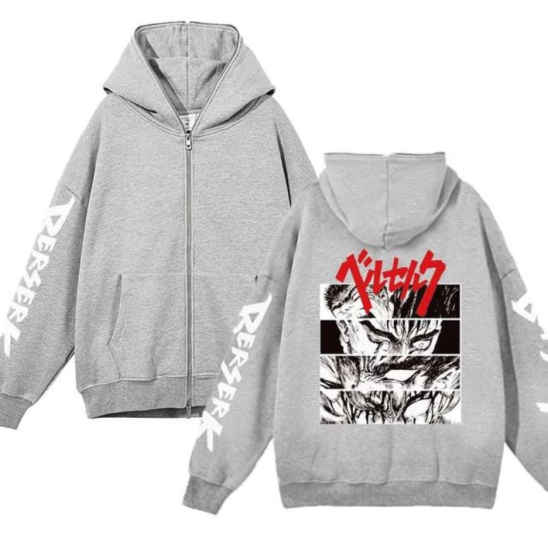 Куртки с капюшоном Berserk, толстовки с капюшоном на молнии в стиле аниме, повседневная флисовая толстовка большого размера, свободная уличная одежда в стиле хип-хоп, куртка на молнии, пальто