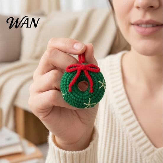 Wool Yarn Holiday Decoration Crochet Christmas Doughnut Keychain, Handmade Santa Claus/Reindeer/Penguin/Bear/Flower Wreath Pendant for Stuffed
