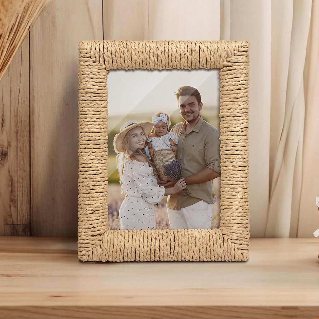Creative Handmade Braided Hemp Rope Wooden Photo Frame, Rattan Decorative Piece, Bohemian Style Picture Frame Jewer Box