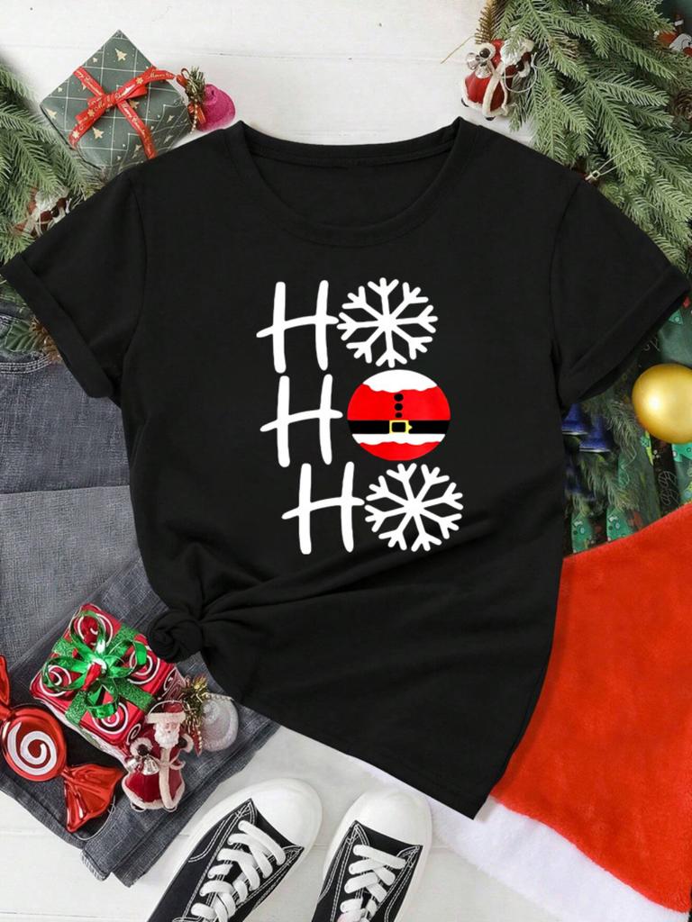 HO HO HO Christmas Hat Pattern Tshirt Loose Breathable Holiday Activities Shortsleeved Tshirt Unisex Women Unisex Casual Tops