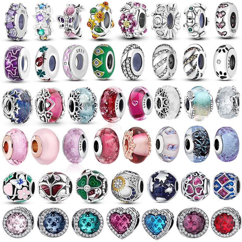 925 Sterling Silver Murano Glass Red Beads Blue Pink Purple Round Charm Plata De Ley 925 For Original Bracelet Jewelry