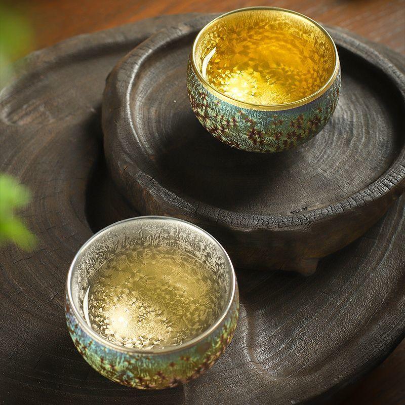 Gilded Tenmoku Glaze Teacup, Kiln Transmutation Peacock Iridescent Tea Bowl, Exquisite Personal Master Cup for Tea Tasting