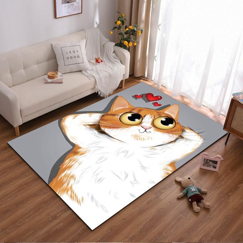 Cute Cartoon Cat Rug with Big Eyes and Hearts, Gray Background Carpet Suitable for use as an anti-slip for living room bedroom sofas
