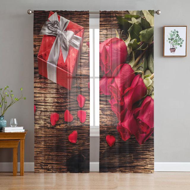 Красная роза, зеленый лист, растение, красивые прозрачные шторы для гостиной, спальни, украшения, оконная вуаль, утренняя тюлевая занавеска