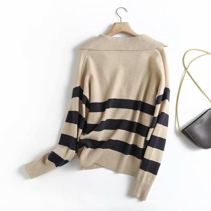 Полосатый свитер с глубоким V-образным вырезом, повседневный трикотаж, женский свободный свитер с длинными рукавами, теплый мягкий свитер, спортивная рубашка-поло, осень