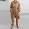 2PCS Sets Mens See Through Long Sleeve Open Front Tops Harem Pants Beach Home Outfits