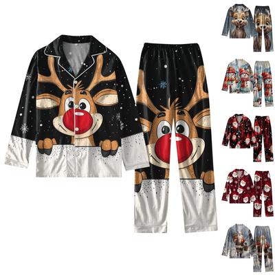 Женский костюм из 2 предметов с принтом, топ на пуговицах с длинными рукавами, широкие брюки, комплект, пижамный домашний повседневный костюм