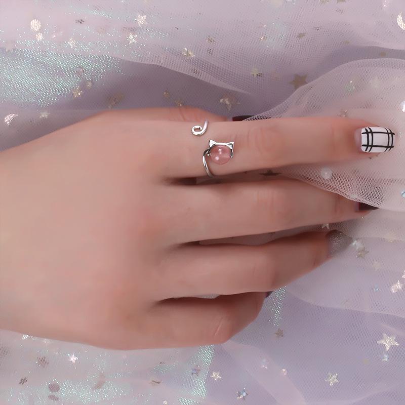 Кольцо открытое из клубничного кристалла Гу Маонин - Милый дизайн с кошкой и сердцем, Регулируемое, для женщин и студентов, в японском и корейском стиле.