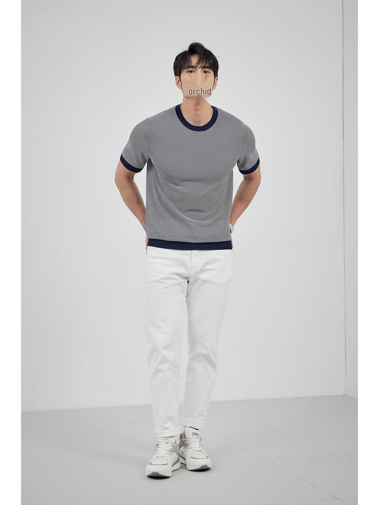 Мужское полосатое поло 2024 года: Трикотажная футболка с коротким рукавом и универсальным круглым вырезом