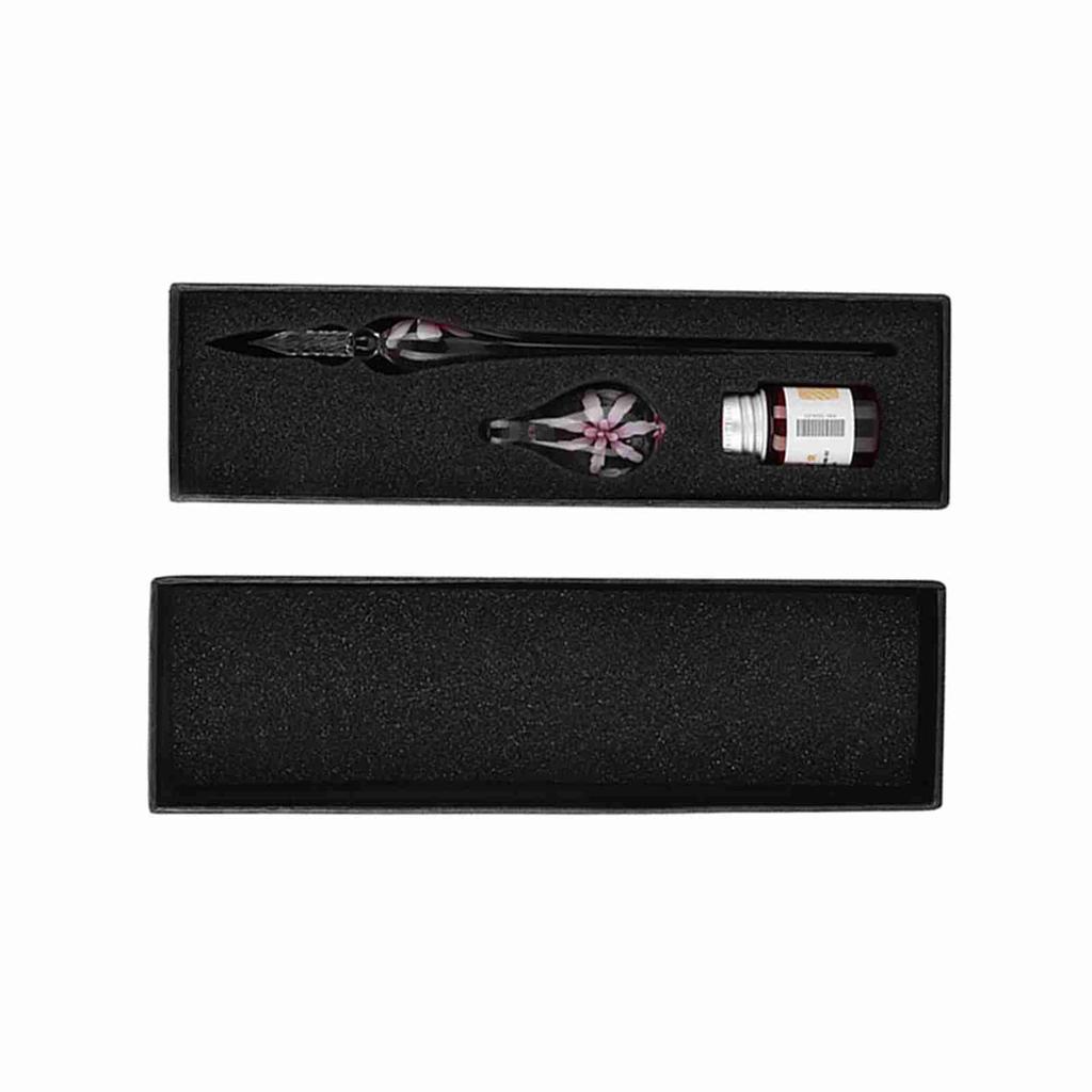 Retro Elegant Flower Glass Dip Pen Signature Ink Fountain Pen with Ink Penholder Pink