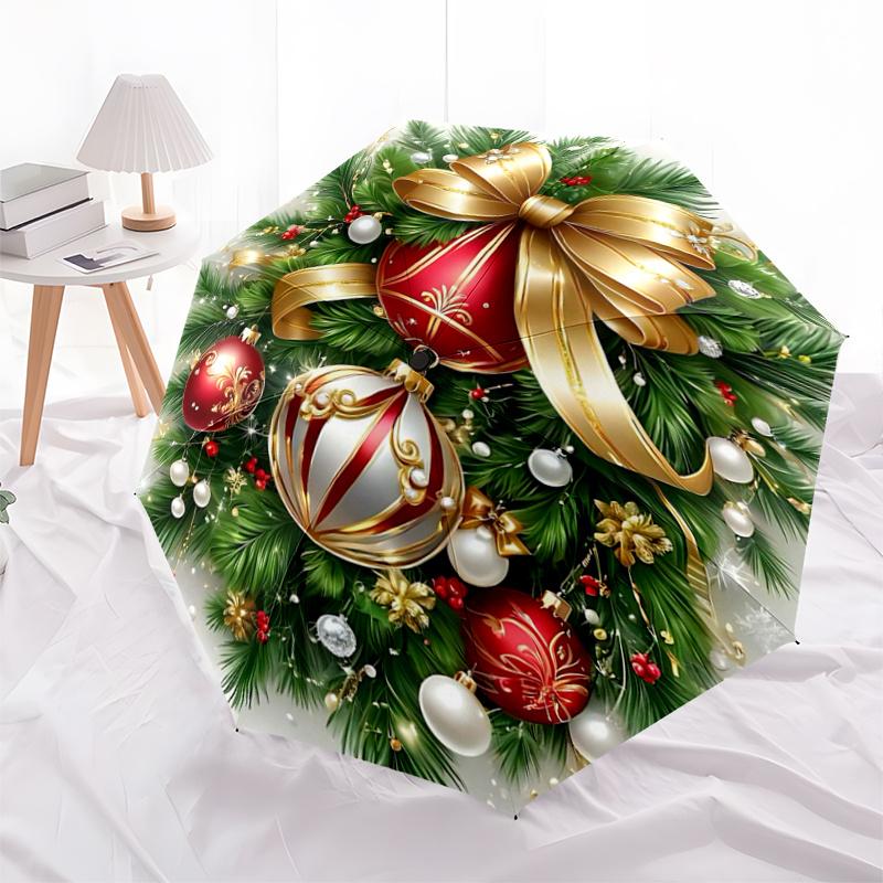 1pc Elegant Christmas Ornaments Pattern Beautiful Looking Automatic Folding Umbrella, 3 Folding, 8 Iron Frame Design, Durable and Suitable for Tr
