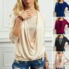 Women Sequins Stitching Blouse Large Draped Collar Long Sleeve Tops Side Drawstring Solid Color Pullover Tops