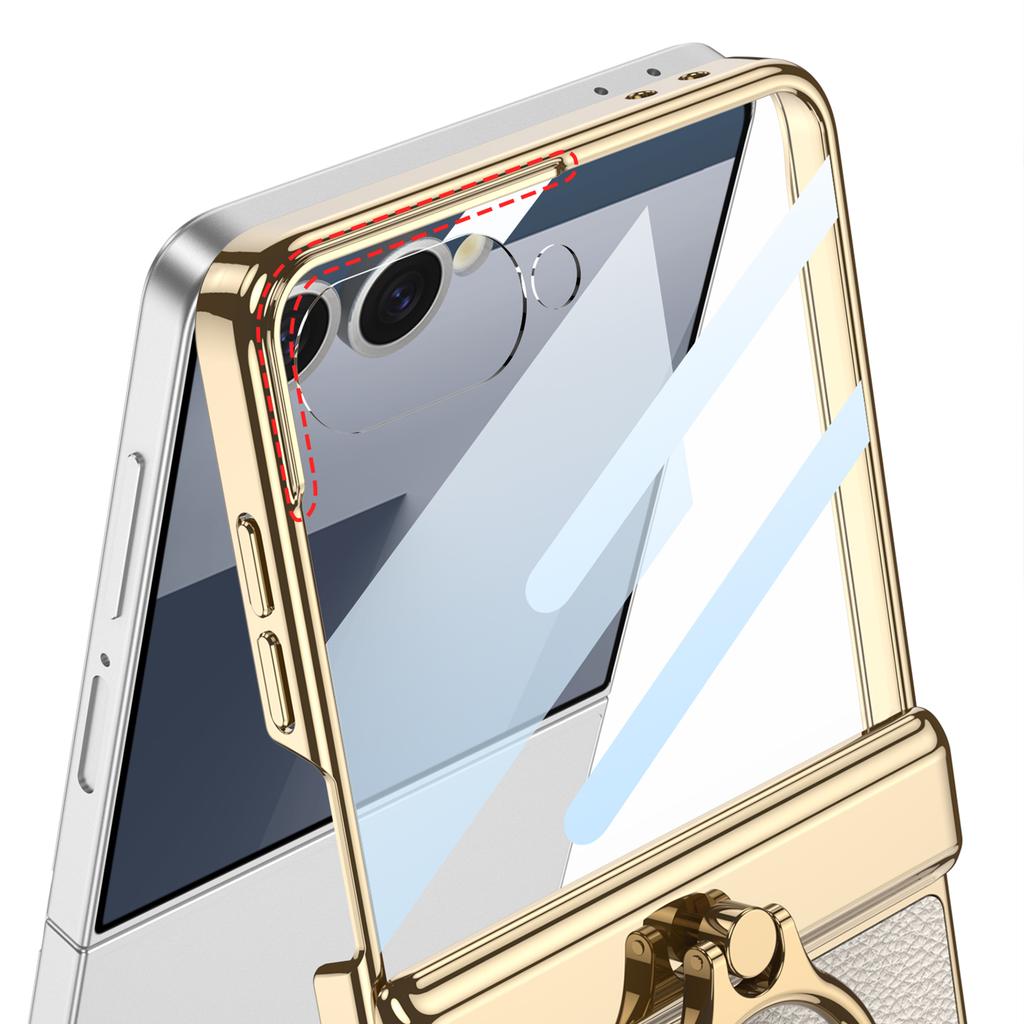 GKK For Samsung Galaxy Z Flip7 5G Kickstand Case Electroplating Magnetic Hinge Protection PU PC Tempered Glass Phone Cover