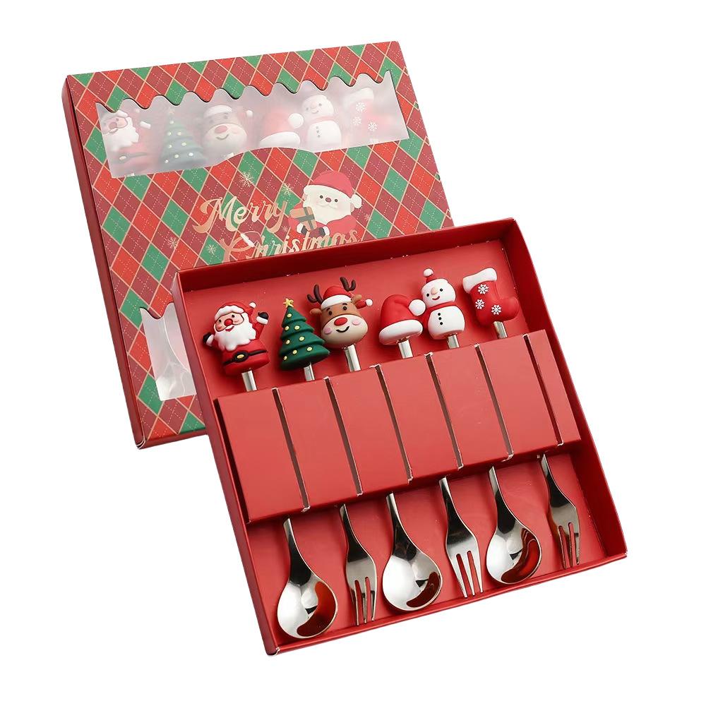4/6pcs Gold Silver Spoon Fork Set Merry Christmas Coffee Tea Spoon Dessert Fork  Birthday Gift