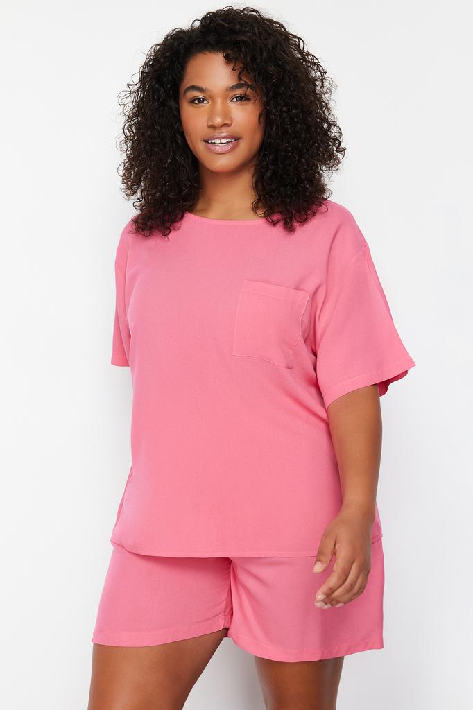 Women's Fashion New Plus Big Size Pajama Set Black Crew Neck Woven Pajama Set