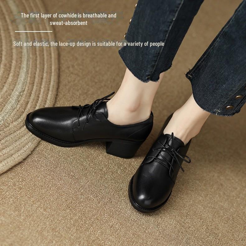 Женские повседневные туфли из мягкой кожи на шнуровке - средний каблук, круглый носок, доступны большие размеры