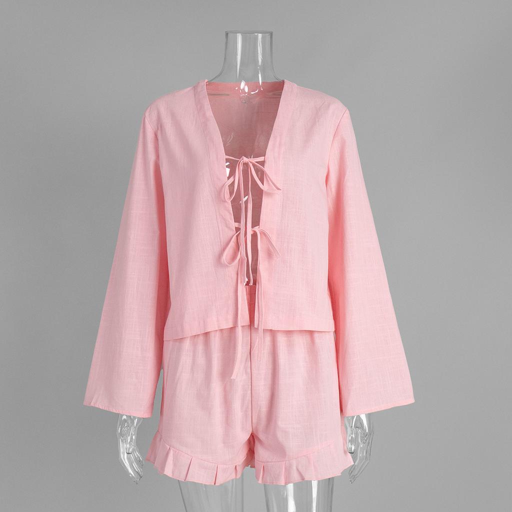 Cotton Tie-Front Cardigan and Shorts Set Women 2026 Spring Summer New Loose Casual Two-Piece Outfit