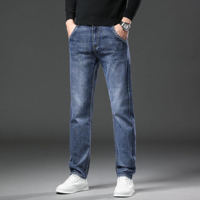 Весна и осень зима мужские плюшевые/тонкие джинсы высокого класса модные деловые свободные эластичные прямые трубчатые универсальные повседневные брюки