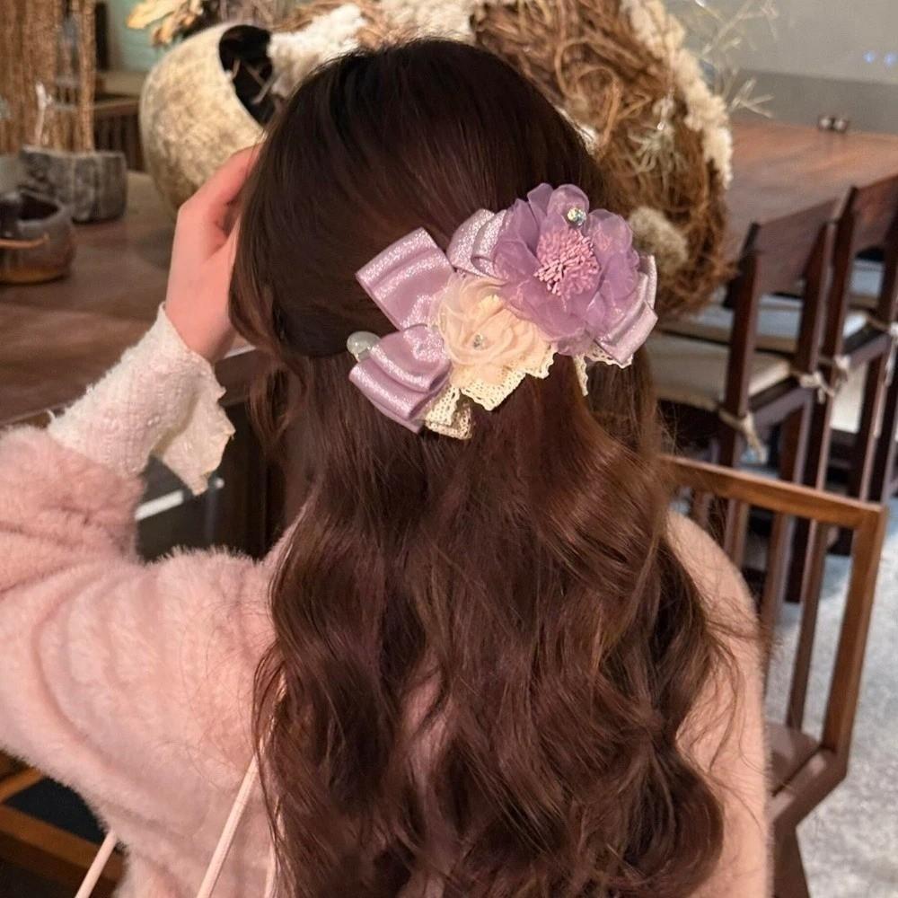 Elegant Flower Banana Clip Korean Style Women Ponytail Holder Purple Mesh Vertical Clip Banquet