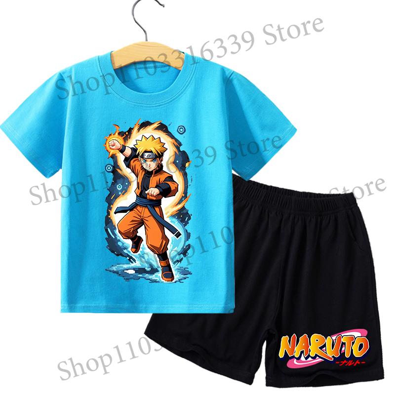 Naruto Boy Girl T-shirt Set Cartoon Tees Anime Cartoon Children Cotton Short Sleeves Shorts 2pcs Set Kids Fashion Summer Clothes