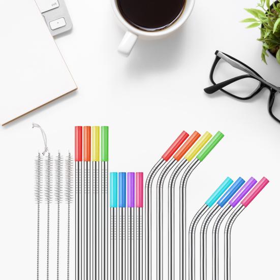 16 шт./компл., яркие цветные соломинки с силиконовыми наконечниками, устойчивые к ржавчине металлические трубочки, которые можно мыть в посудомоечной машине, соломинки для питья с чистящей щеткой