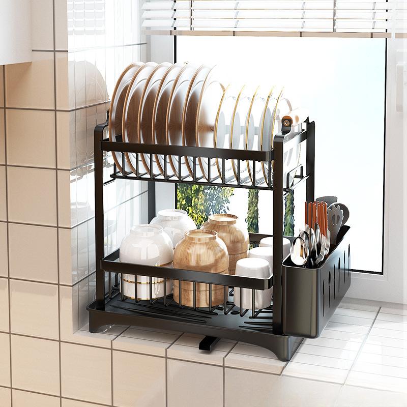 2-х уровневая сушилка для посуды с поддоном для сбора капель, полка для сушки посуды для органайзера на кухонной столешнице