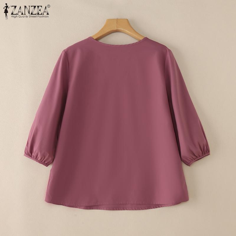 ZANZEA Женская повседневная однотонная свободная блузка с V-образным вырезом и рукавом 3/4
