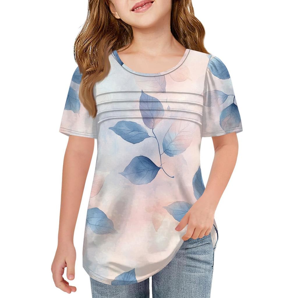 Детские футболки-складки, летние футболки с короткими рукавами и круглым воротником, с принтом цветов, пальто для отдыха