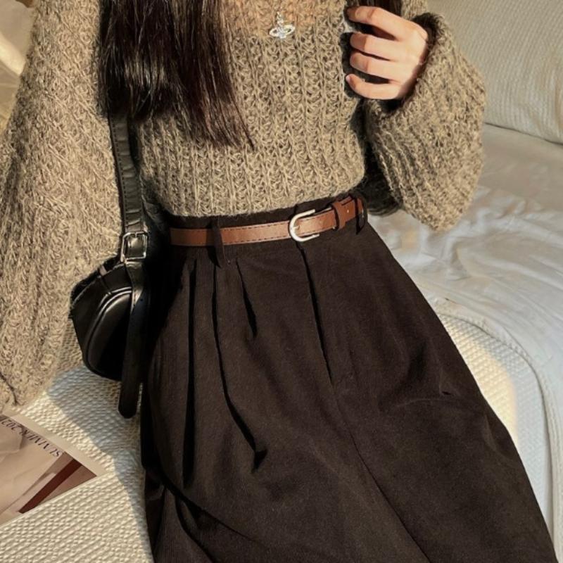 Женская коричневая юбка осень-зима с высокой талией, длинная вельветовая юбка, женские плиссированные юбки А-силуэта в студенческом стиле