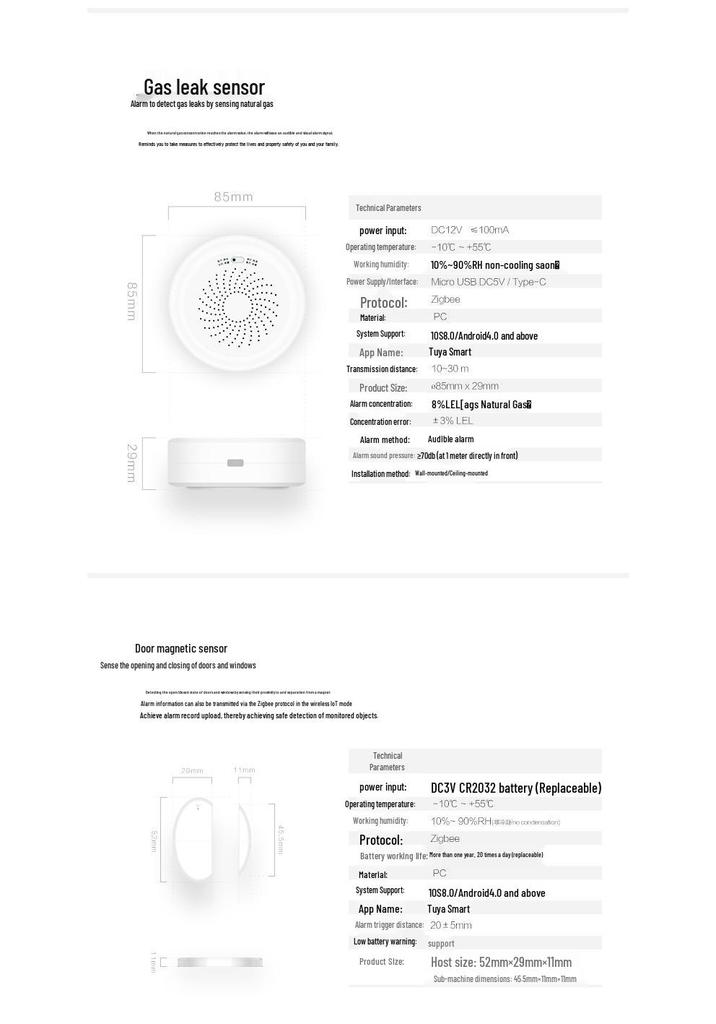 Умный датчик Zigbee Tuya: Температура, Влажность, Магнитный контакт двери, Инфракрасный датчик, Газовый датчик, Датчик дыма, Датчик протечки воды, Детекция присутствия человека.