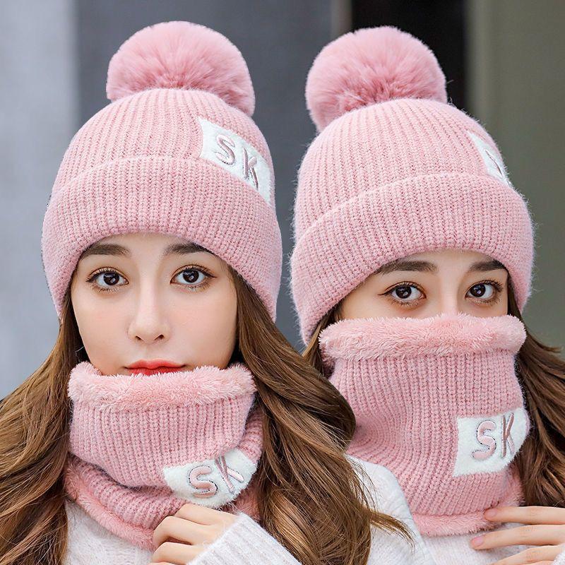 Winter Knitted Scarf Hat Set Thick Warm Skullies Beanies Hats for Women Solid Outdoor Snow Riding Ski Bonnet Caps Girl