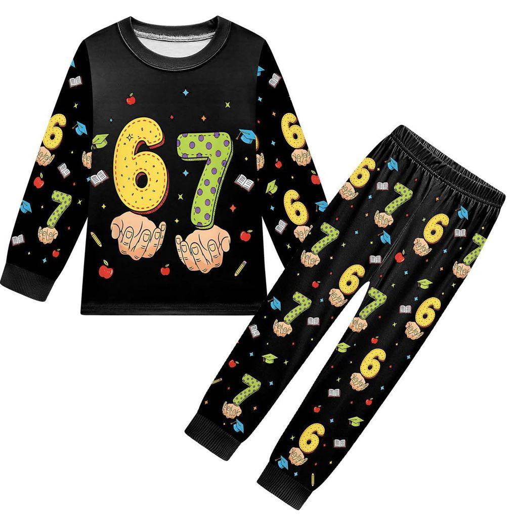 19699 Детские Мальчики Девочки Украсть Маразм 67 Шесть Семь Принт Футболка с Длинными Рукавами Брюки Пижама Комплекты для Сна