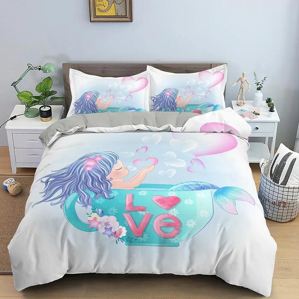 Cartoon Mermaid Pattern Comfortable Duvet Quilt Cover Pillowcase Bedding Set Children Bedroom Decoration Home Textile