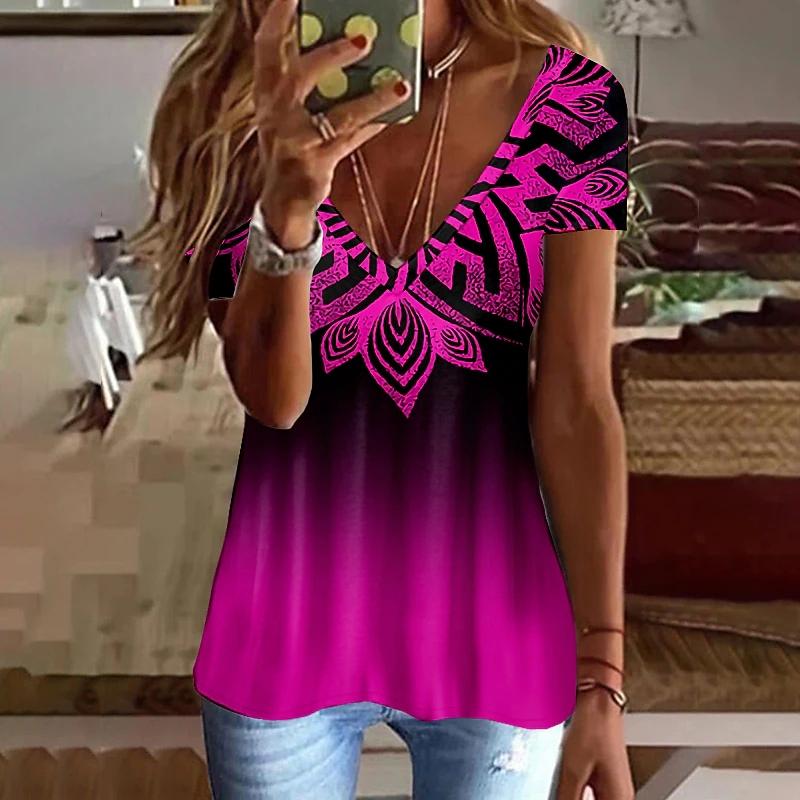 Летний топ с V-образным вырезом и 3D-принтом, модные повседневные женские футболки с короткими рукавами